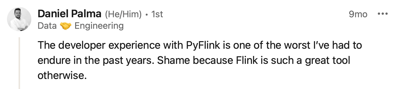 LinkedIn comment by Daniel Palma about PyFlink